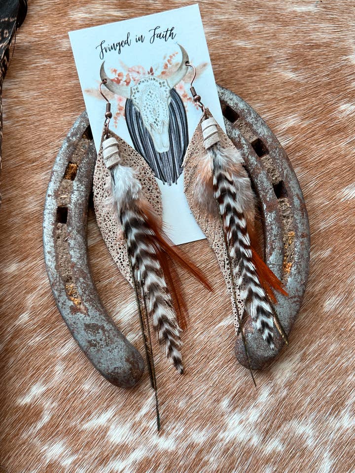 Round Up Feather Earrings | Rose Gold w/ Black & White for wholesale by Fringed In Faith