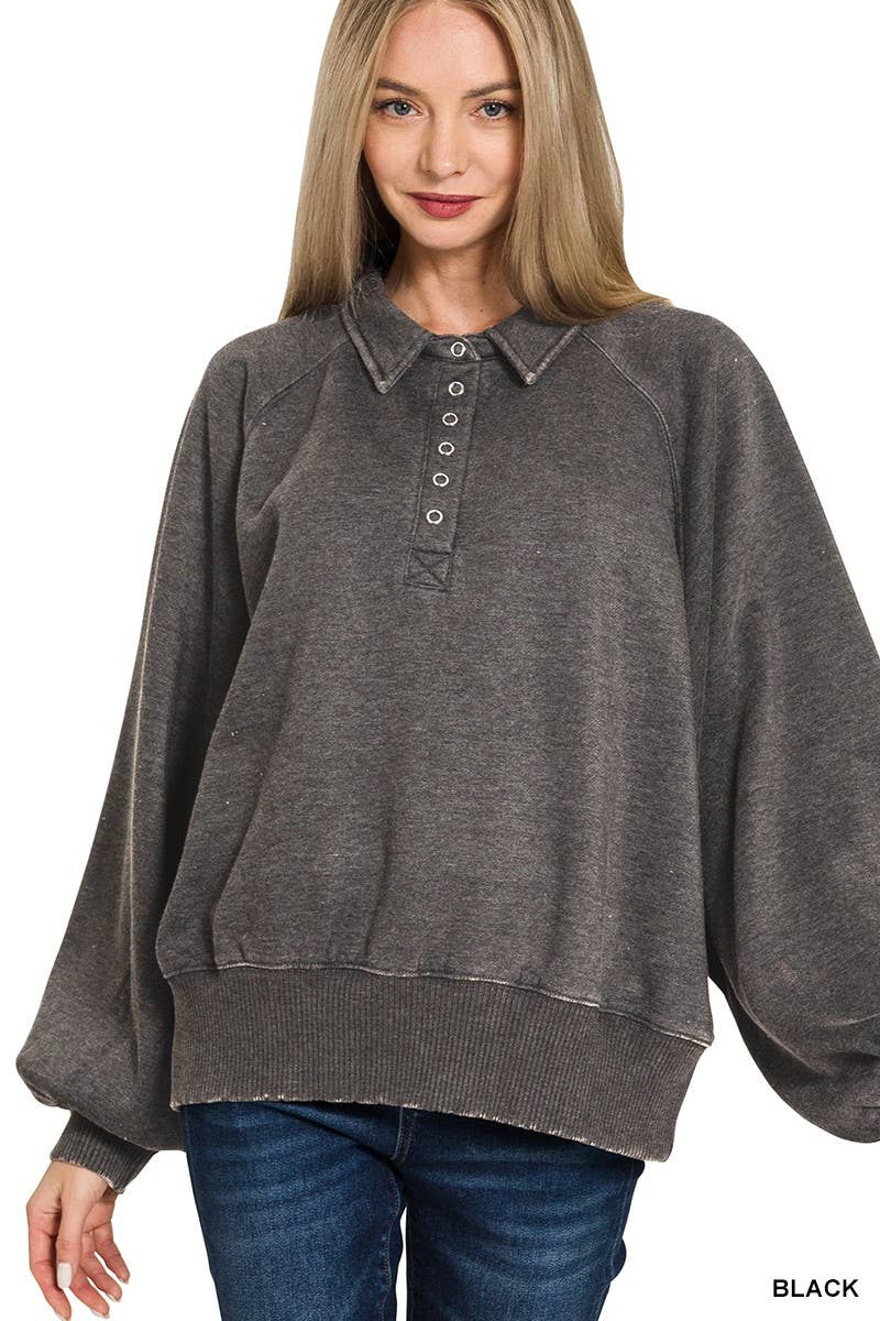 Vanilla Monkey - Wholesale Sweatshirt - Women's - Acid Wash Fleece Button Up Collared Pullover2