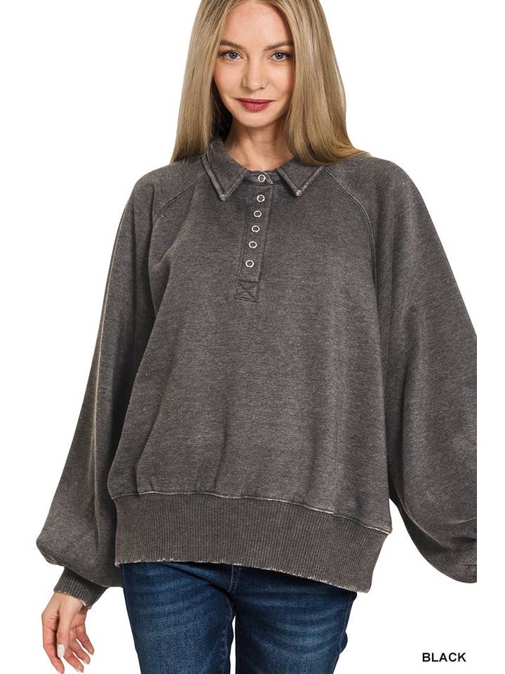 Vanilla Monkey - Wholesale Sweatshirt - Women's - Acid Wash Fleece Button Up Collared Pullover2