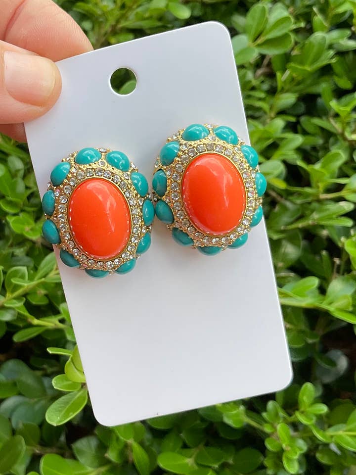 Chunky vintage KJL cabochon earrings statement coral for wholesale by Baubles by Maggi