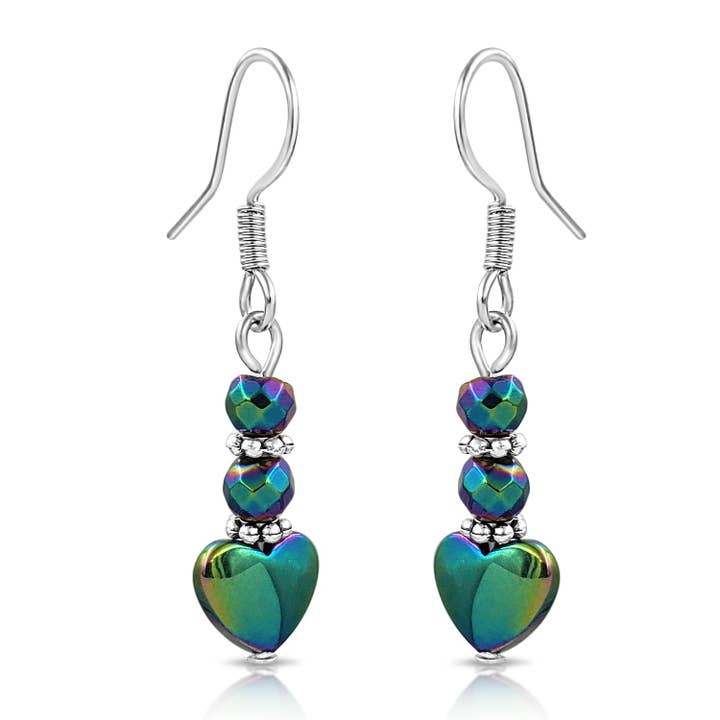 Rainbow Hematite & Sterling Silver Heart Drop Earrings for wholesale by BESHEEK JEWELRY