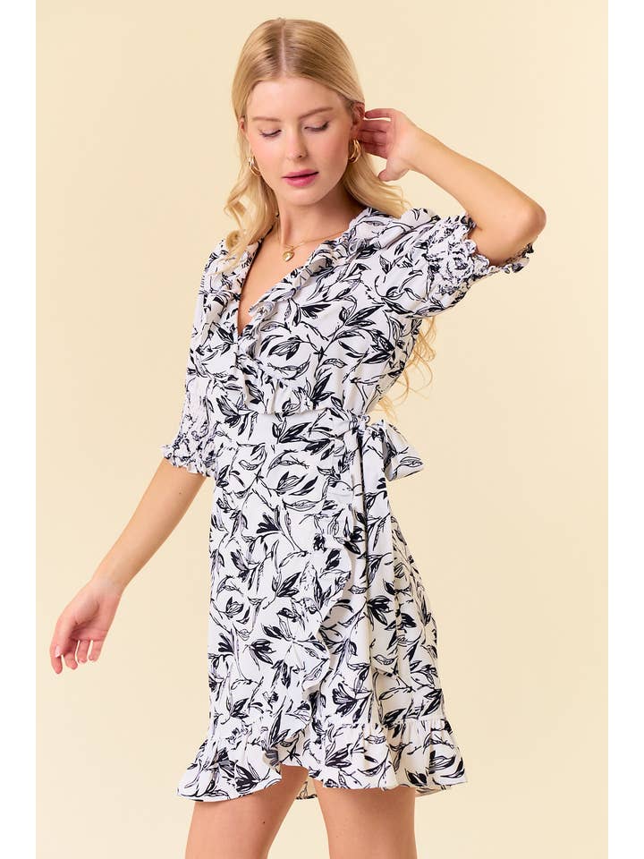 Doe and Rae - Wholesale Dress - Women's - Floral Smocked Cuff Puff Short Sleeve Wrap Mini Dress-27609D