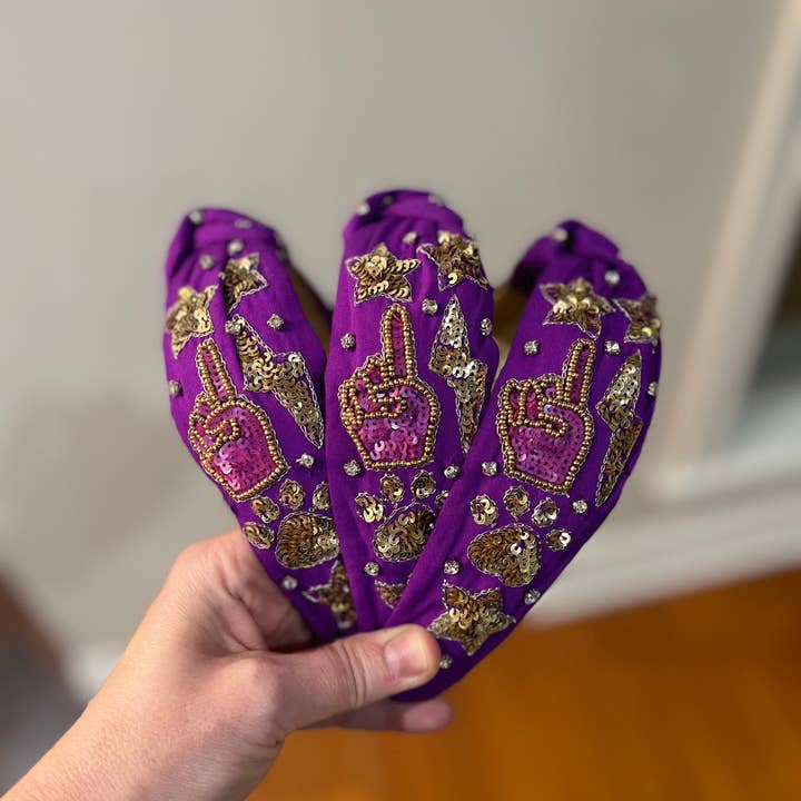 Purple and Gold Spirit Beaded and Sequined Headband for wholesale by Mon Belle Amie