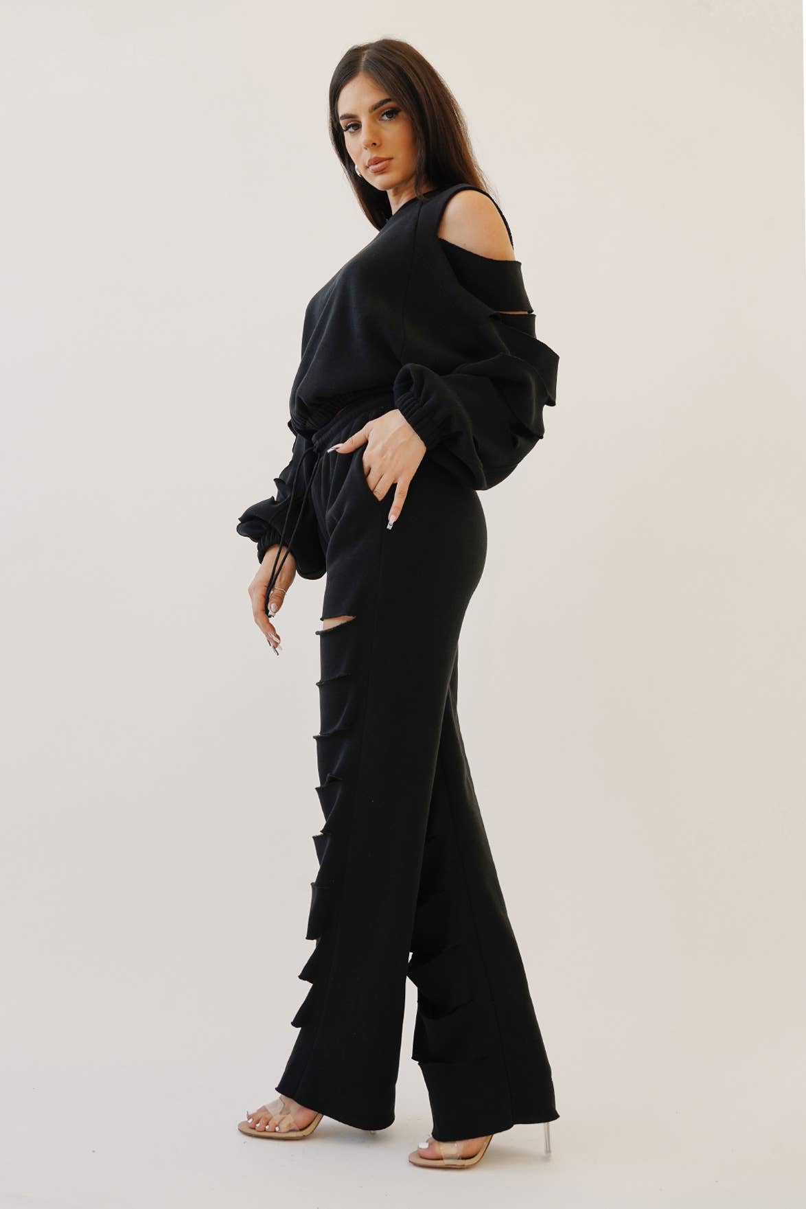 No Vacancy - Wholesale Pants - Women's - Cut out legs fleece straight pants4