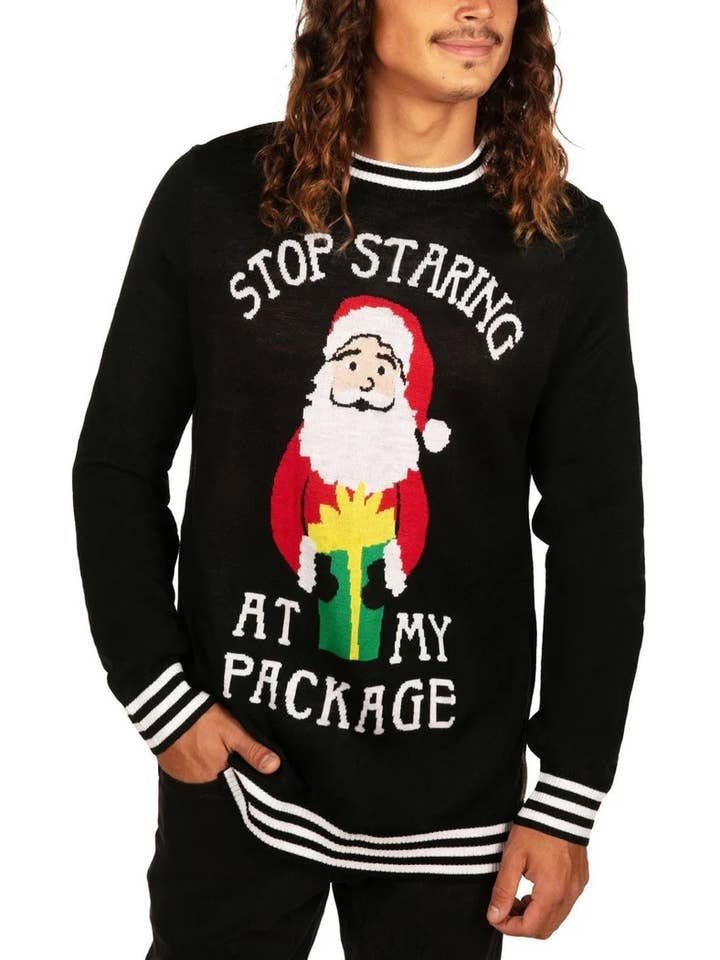 Maglione "Stop Staring" - Maglione di Natale divertente da uomo con Babbo Natale per la vendita all'ingrosso da parte di Tipsy Elves