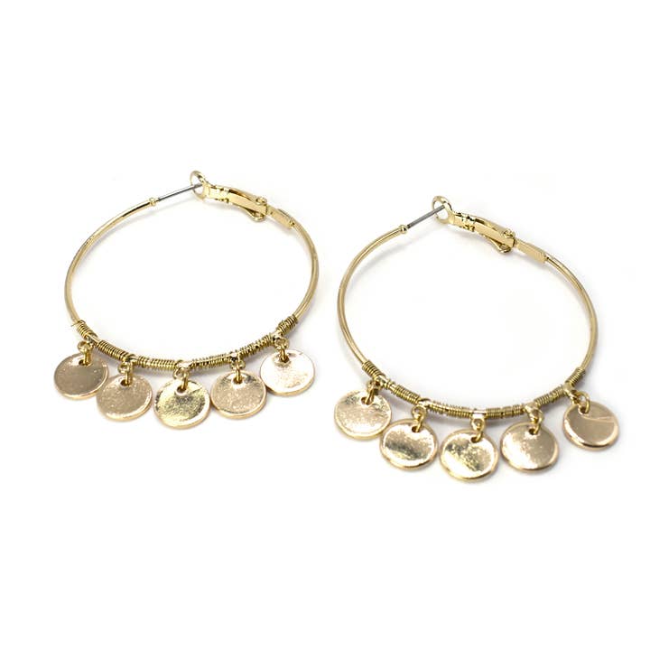 Round Hoop w/Disk Charm Tassel Dangle Earrings for wholesale by StarryNYC