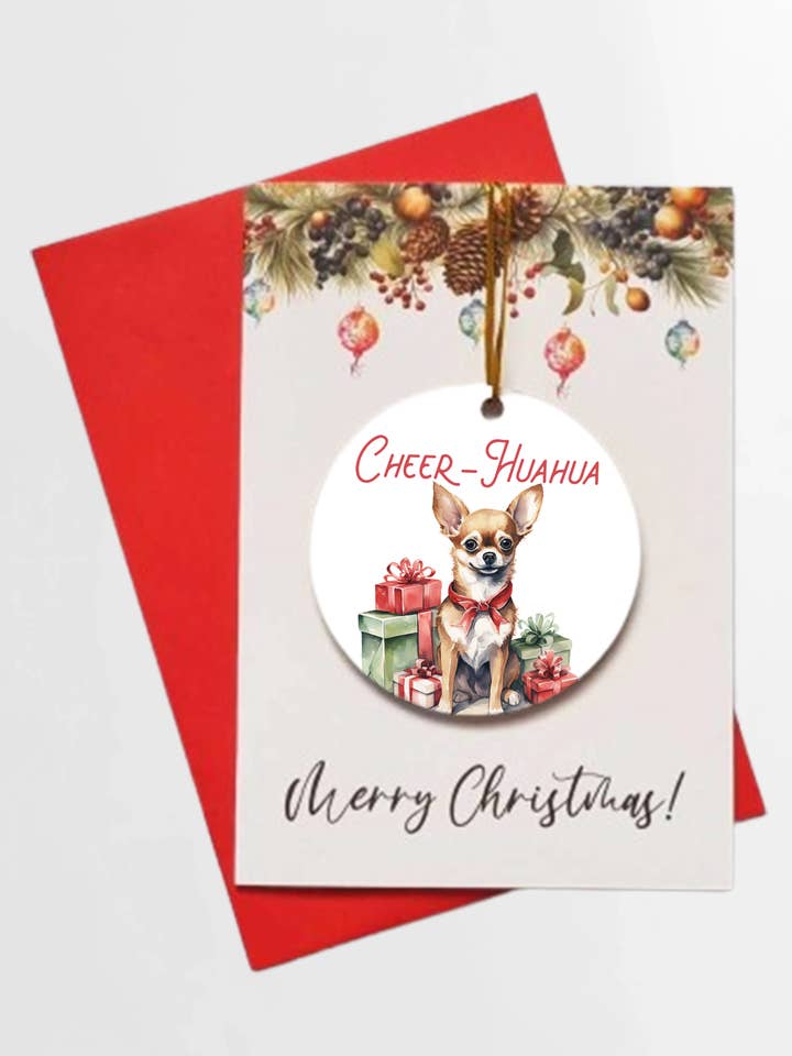 Merry Christmas Cheer-HuaHua Card + DETACHABLE BAUBLE for wholesale by Homemade Hollydays Wholesale