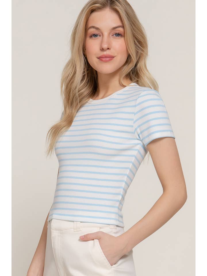 Active Basic | Active USA - Vendita all'ingrosso Top in maglia - Donna - Top a righe in cotone a costine con maniche corte e collo rotondo16