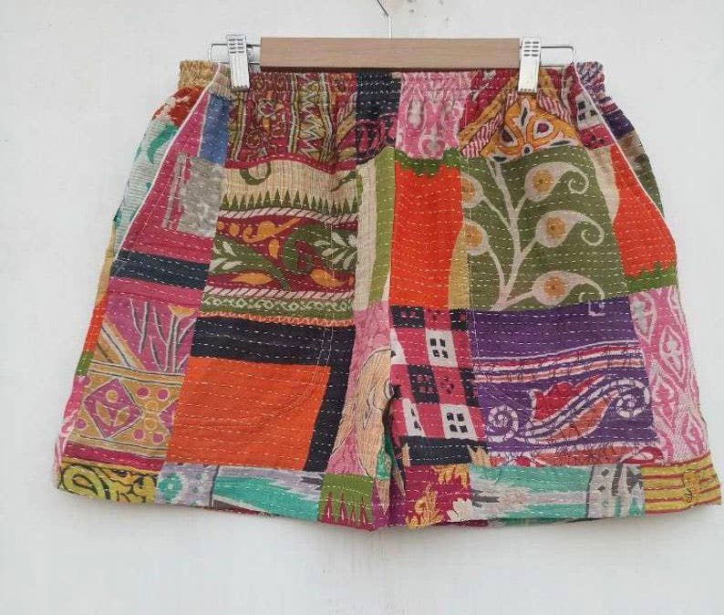 bhavnas boutique - Vendita all'ingrosso Pantaloncini - Donna - Pantaloni Kantha vintage fatti a mano in puro cotone con patchwork3