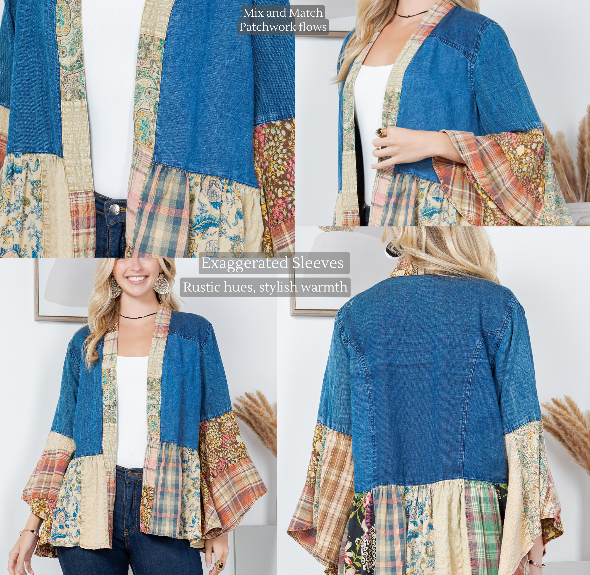 Young Threads - Wholesale Kimono - Women's - Western Boho Lace & Denim Patchwork Kimono Top NEW6