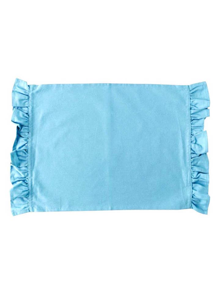 ocean blue solid ruffle cloth placemats for wholesale by Hen House Linens