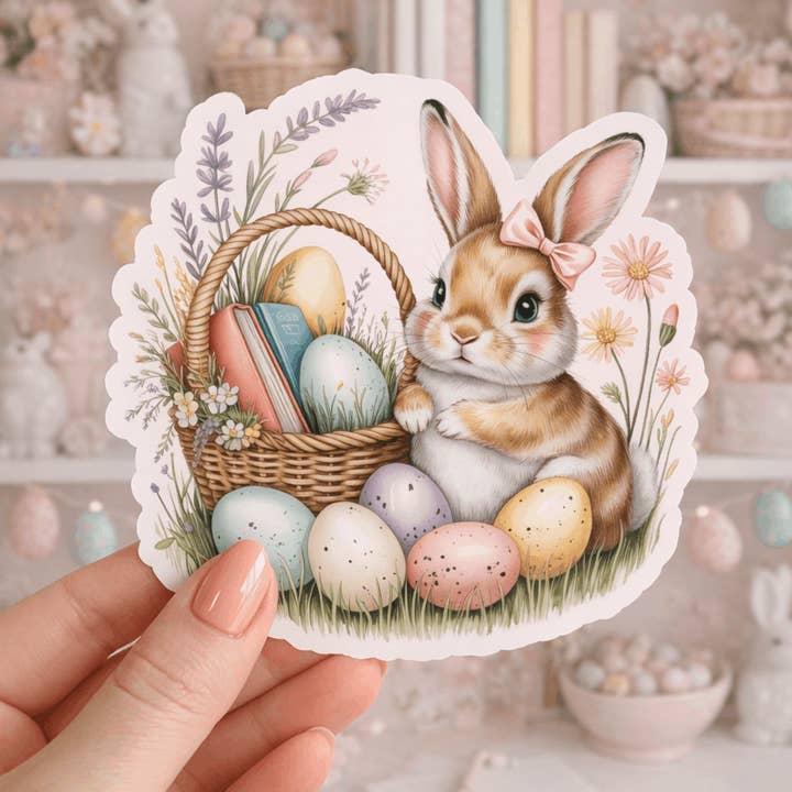 Vintage Easter Bunny Bookish Die Cut Sticker for wholesale by Auburn Row Design