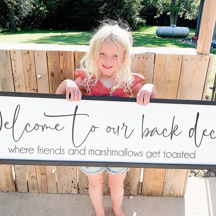 Welcome to our back deck personalized sign | Welcome to our sign | Where marshmallows get roasted sign | Wood framed sign for wholesale by Rustic Oak Designs