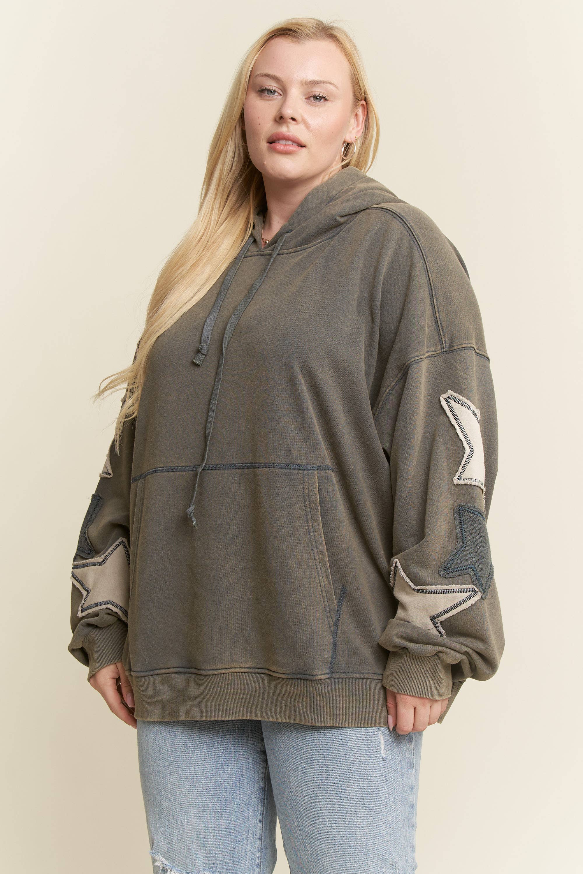 JADE BY JANE PLUS - Wholesale Hoodie - Dames - PLUS SIZE MINERAAL GEWASSEN LANGEMOUWEN STER GEPATCHTE HOODIE8