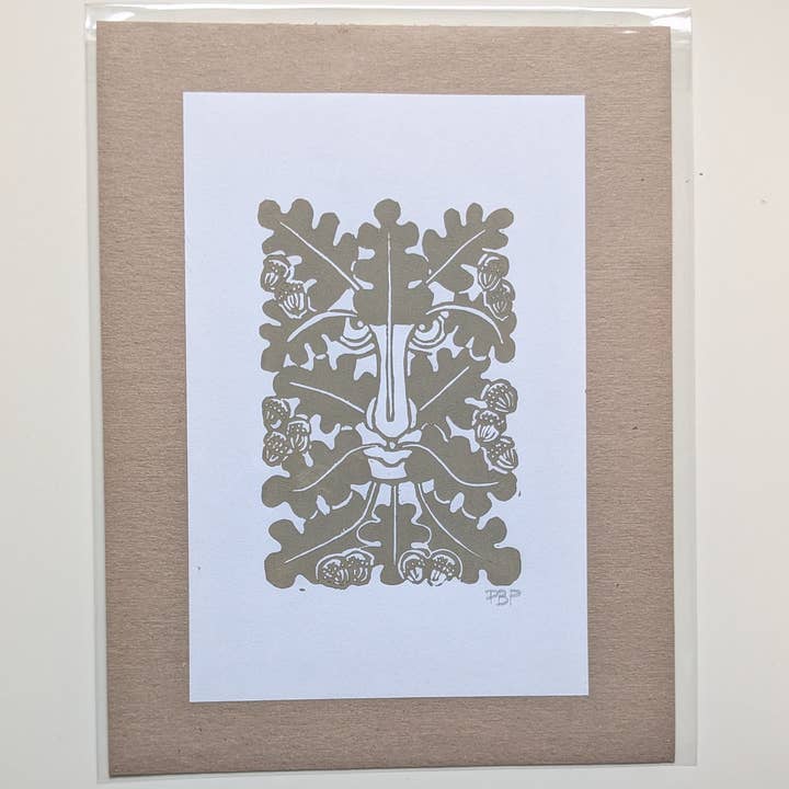 6x9 Hand-carved Linocut Print: Green Man 🟢 for wholesale by Peach Butter Prints