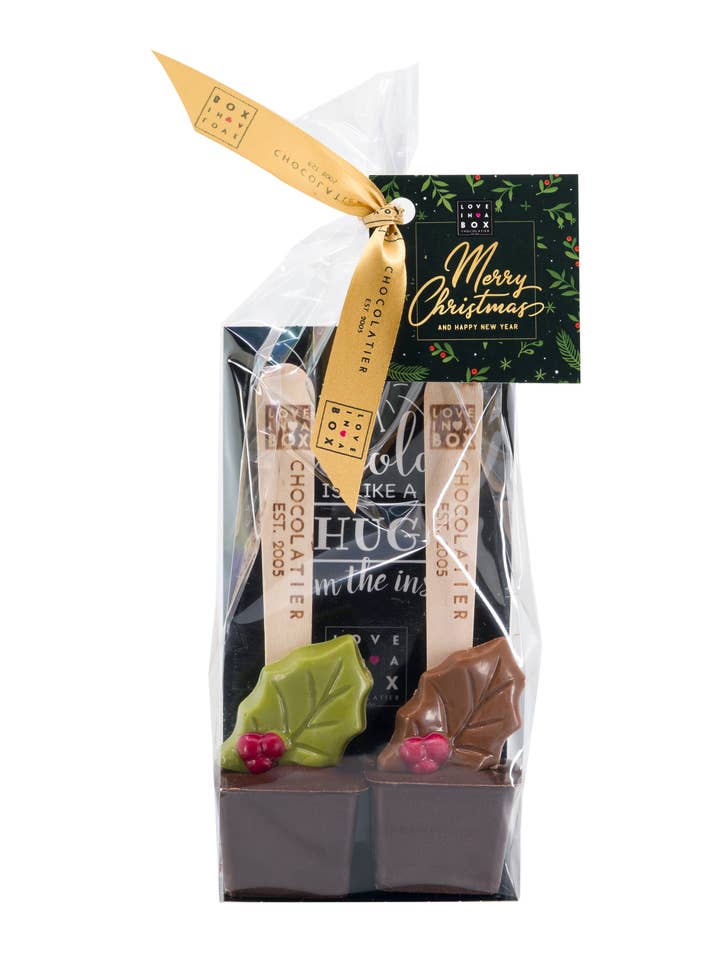 Christmas Hot Chocolate Spoons Dark Holly Leaf for wholesale by Love in a Box Chocolatier