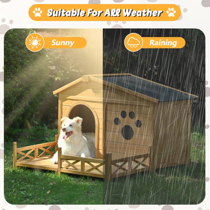 Natural Wooden Dog House with Porch, Water-Resistant Roof & Fencing for wholesale on Faire