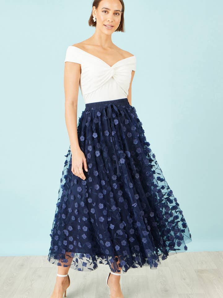 Yumi Navy Mesh Floral Applique Midi Skirt for wholesale by Yumi