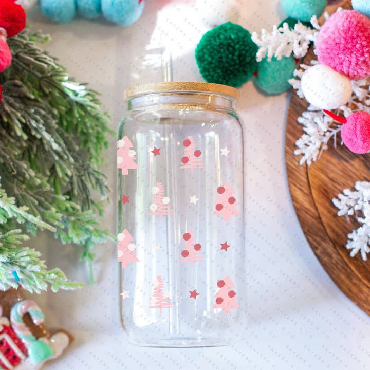 16oz Pink Christmas Trees Glass Cup with Bamboo Lid & Straw #100225 for wholesale by Sayers & Co.