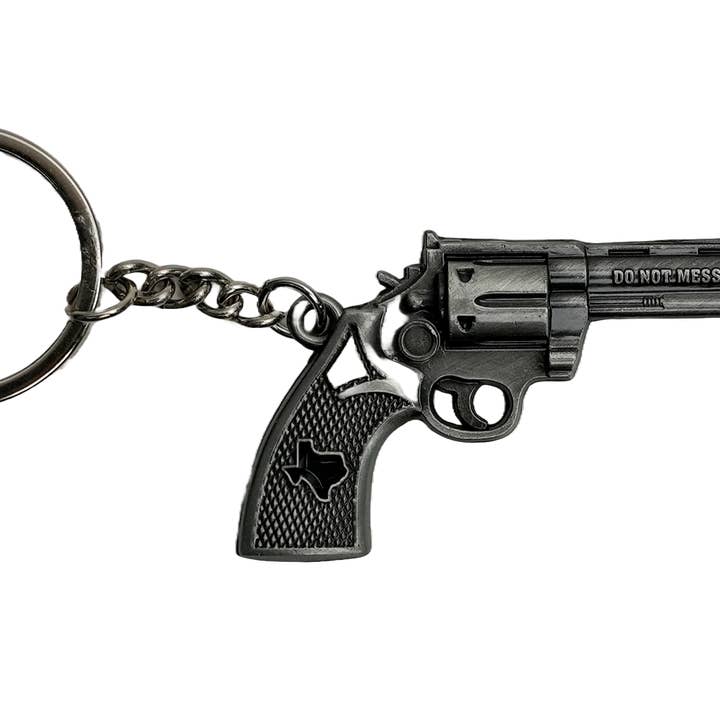 Don't Mess With Texas Pistol Pewter Keychain for wholesale by Scruffy's Ventures Inc.