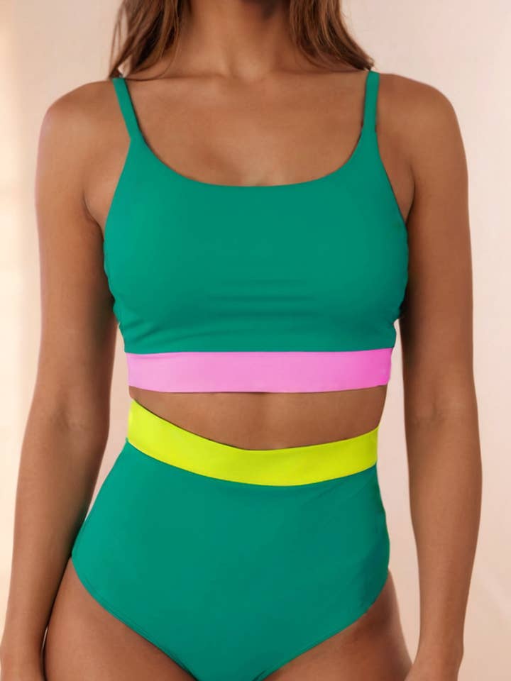 Bikini taille haute à empiècements contrastés et patchwork pour la vente par LA Society