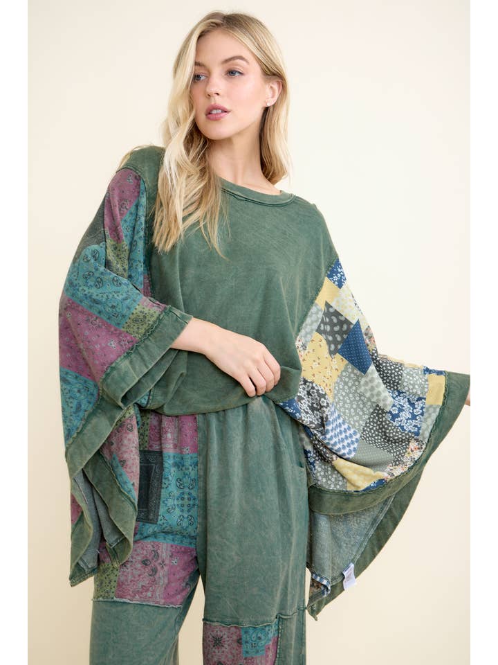 J.Her - Wholesale Poncho - Women's - Mineral Washed Boho Patch Poncho top HT6651 12