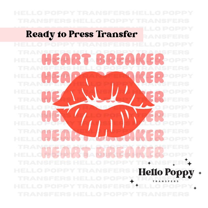 Heart Breaker Lips, transfert DTF polychrome pour la Saint-Valentin pour la vente par Hello Poppy Transfers