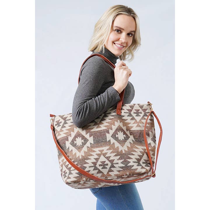 Hana - Wholesale Tote Bag - Women's - Western Weekend Aztec Pattern Tote Bag With Pouch