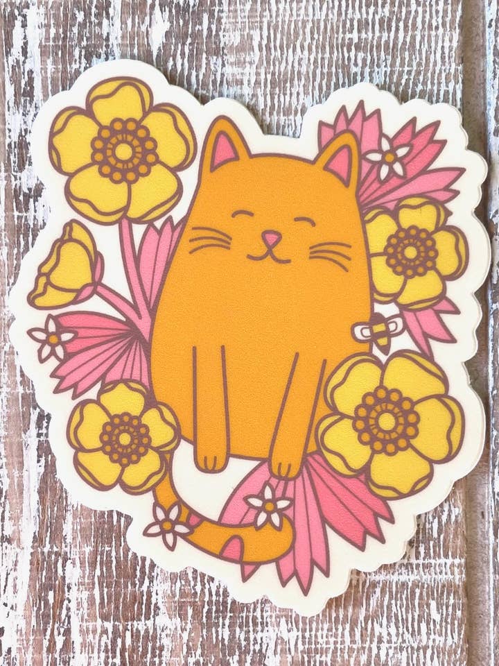 Autocolante Vinil Vintage Gato Retro Gatinho Floral Flor Fofo por atacado de Robyriker Designs