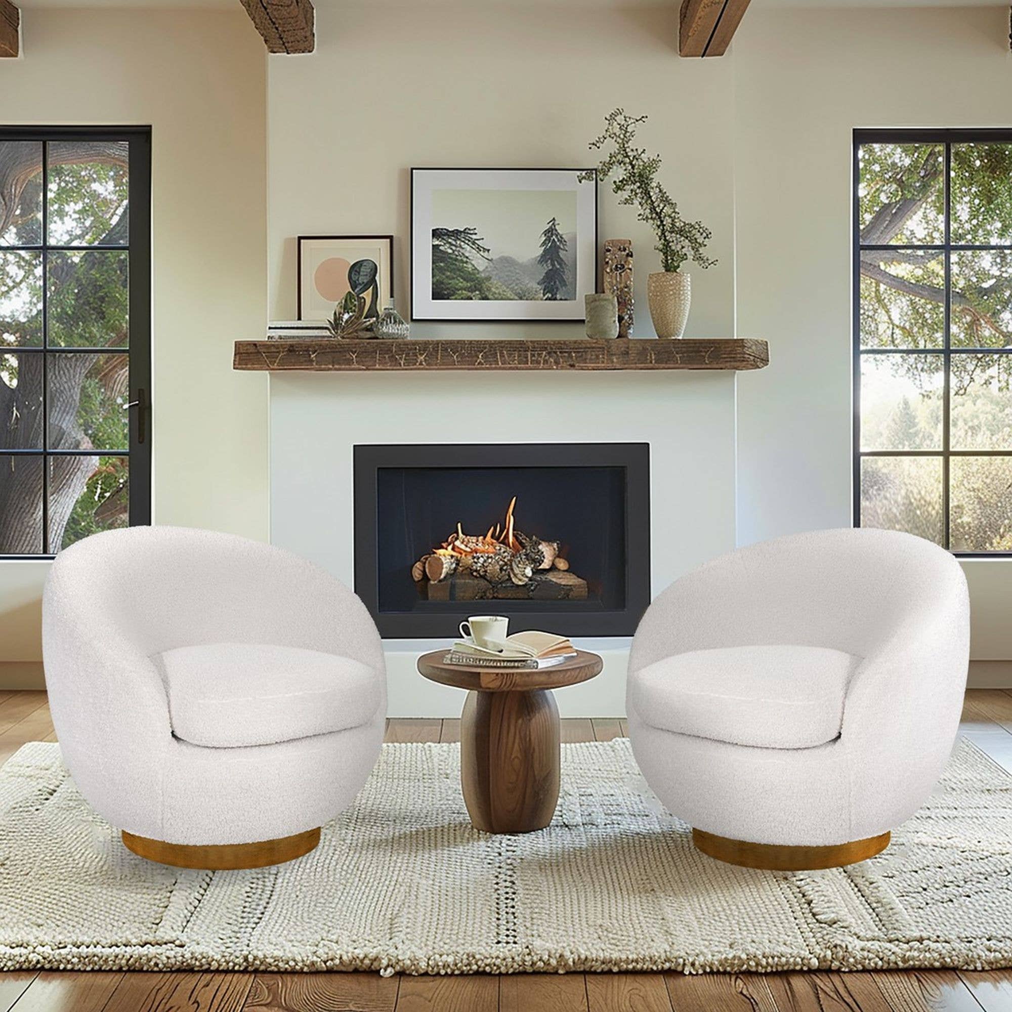Olliix - Wholesale Chair - Cream Shearling Sherpa Swivel Chair with Wood Base *5