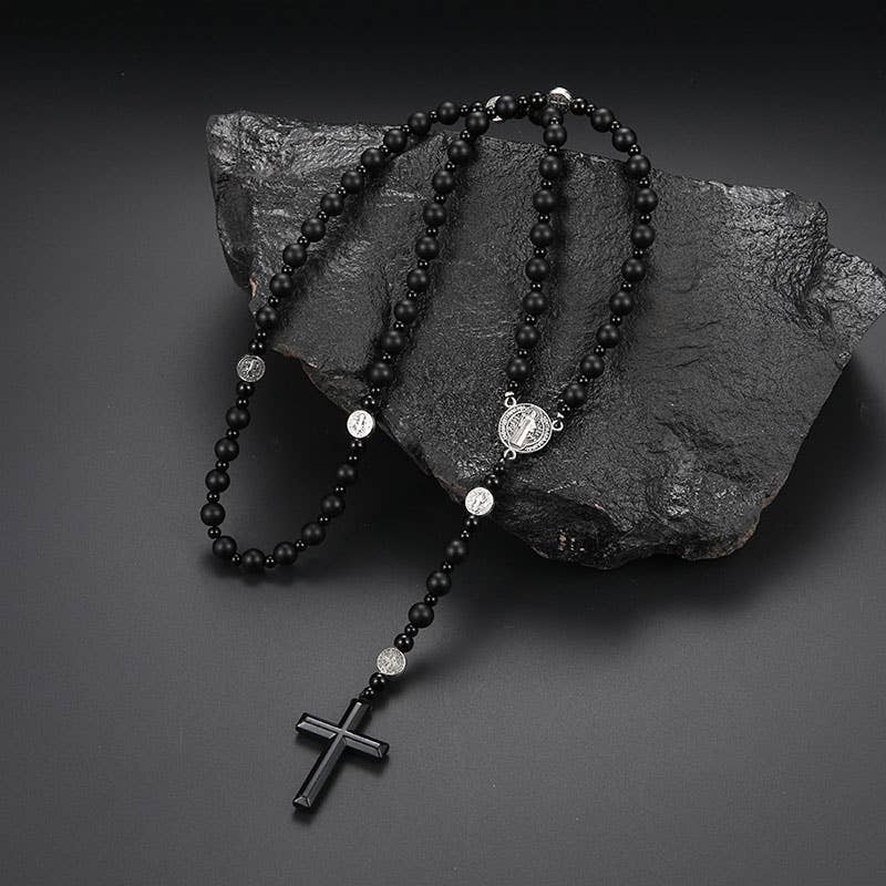 Gemcohub - Wholesale Prayer Beads Necklace - Volcanic Black Gallstone Cross Rosary Necklace0