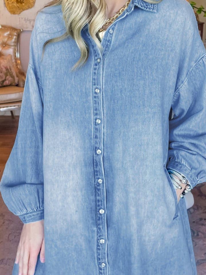 Beau Blue Denim Medium Washed Shirt Dress for wholesale on Faire