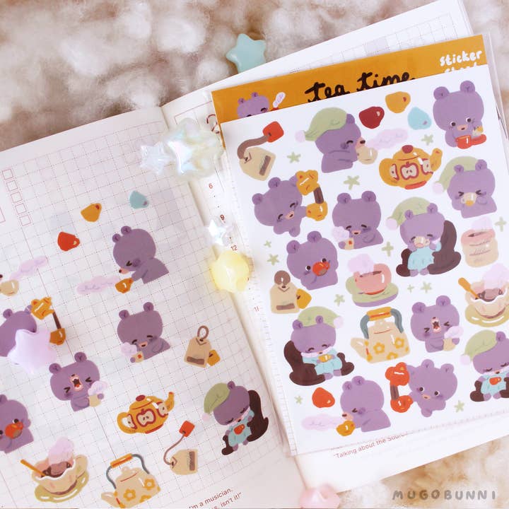 Tea Time Bear Sticker Sheet for wholesale by Mugobunni