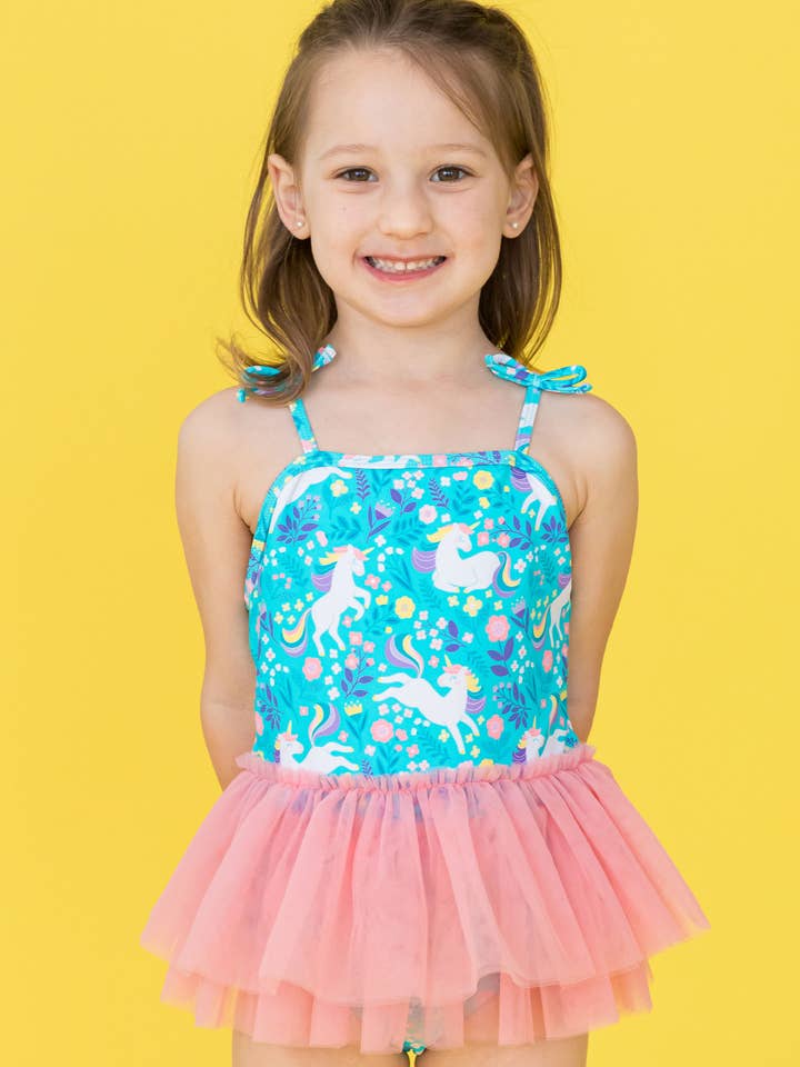 Girls Bright Aqua Unicorn Meadow Tulle Skirted One Piece Swimsuit
for wholesale by RuffleButts + RuggedButts