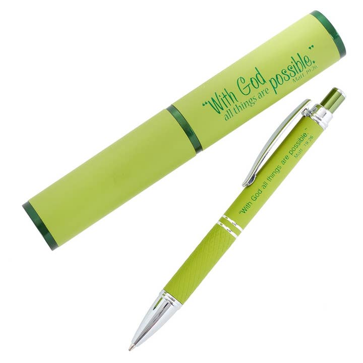 Pen in Case Green All Things Matt. 19:26 for wholesale by Christian Art Gifts