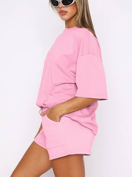 HIDDENBRAND - Wholesale Lounge Set - Women's - Half Sleeve Basic T-shirt 2 Piece shorts Set2