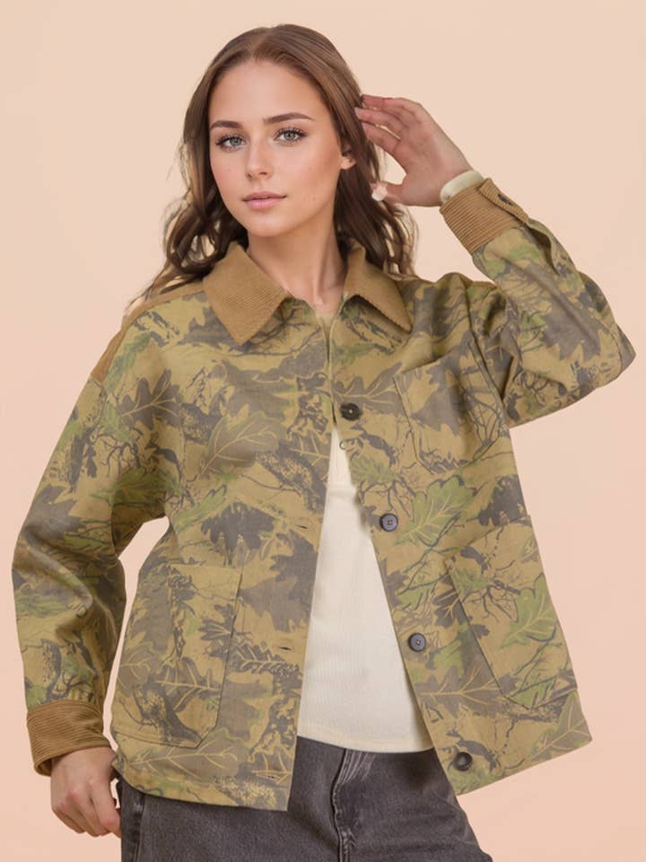 NJ90469-Leaf Camouflage Casual Shacket Jacket for wholesale by VERY J