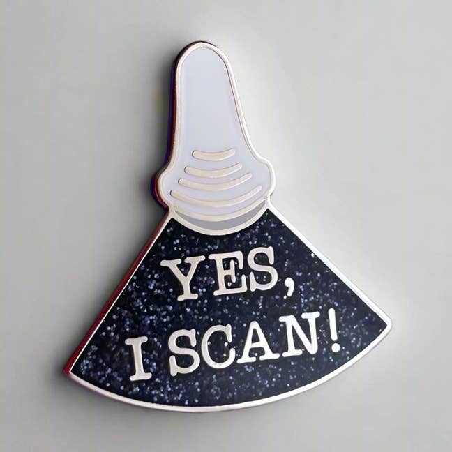 Yes, I Scan! Pin - Glitter Edition! for wholesale by Rad Girl Creations
