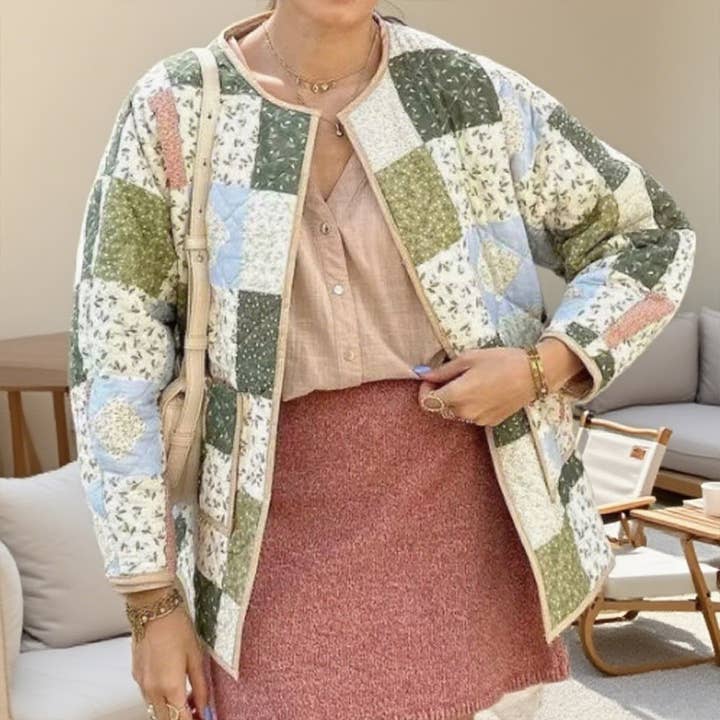 GREEN Fashionable printed loose quilted cotton jacket for wholesale on Faire