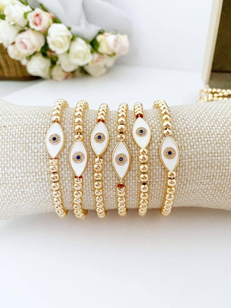 Evileyefavor – Großhandel Perlenarmband – Weißes Evil Eye-Armband, wasserdichtes Armband, goldfarbener Perlenstab2