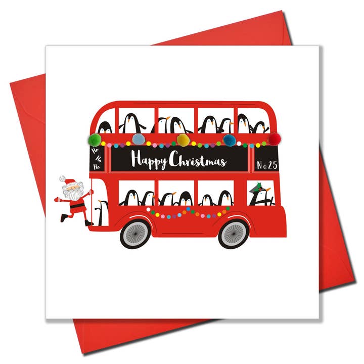 Tarjeta de Navidad, Papá Noel en el autobús, adornada con coloridos pompones para venta al por mayor de Claire Giles Ltd