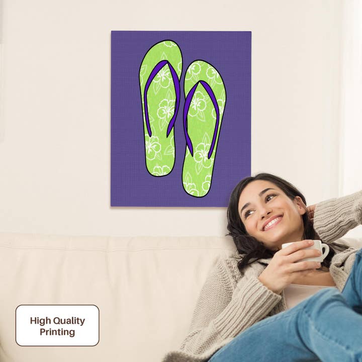 3dRose – wholesale Art print – 3dRose, Cute Flip Flops Lime Green Flower Print and Purple, Museum Grade Canvas Wrap1