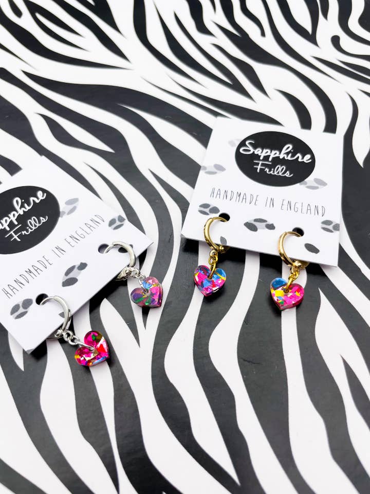 Pink Rainbow Love Confetti Acrylic Heart 1cm Hoop Earrings for wholesale by Sapphire Frills Ltd