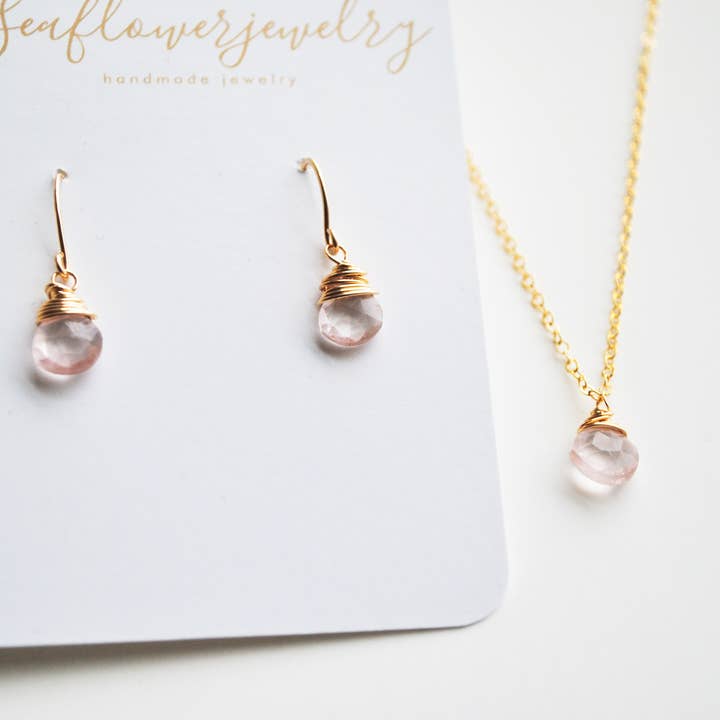 Seaflowerjewelry - Wholesale Dangle Earrings - Rose Quartz Earrings/ Simple dainty drop pink quartz