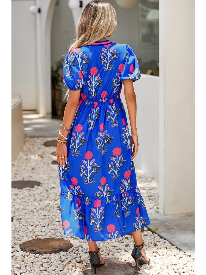 Little Daisy Closet - Wholesale Dress - Women's - LDC Floral Puff Short Sleeve V Neck High Waist Maxi Dress