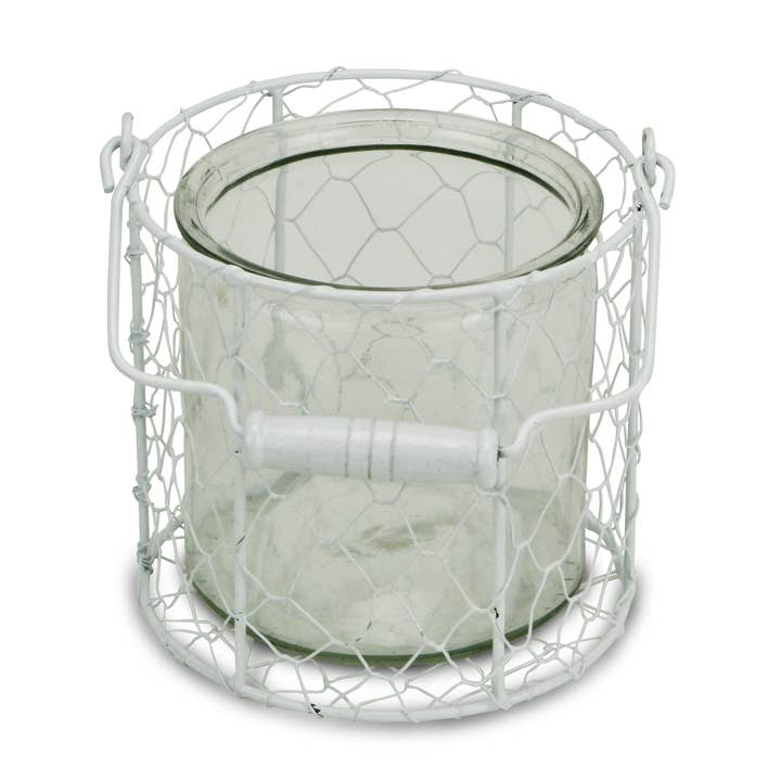 Cheungs Home Decor - Wholesale Decoratieve pot - Ronde glazen pot van Belen in witte draadmand3