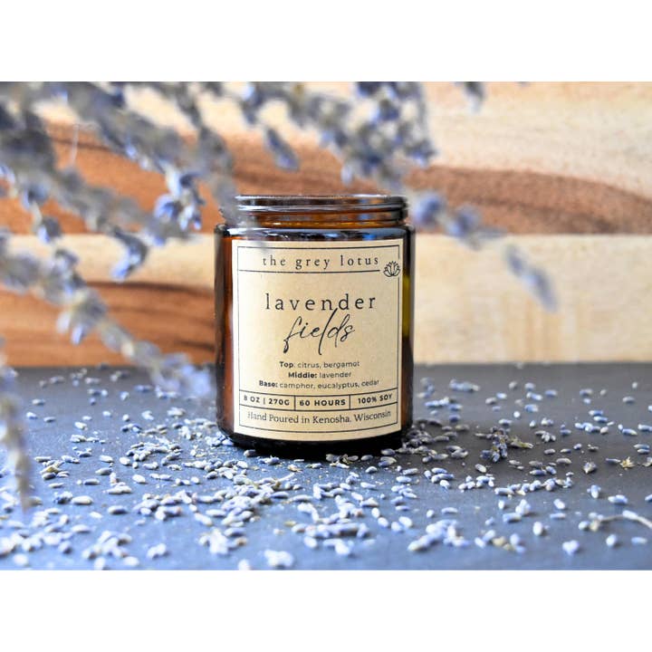 The Grey Lotus - Wholesale Jar/Filled Candle - Lavender Fields 100% Soy Wax Amber Jar Candle - 8 oz