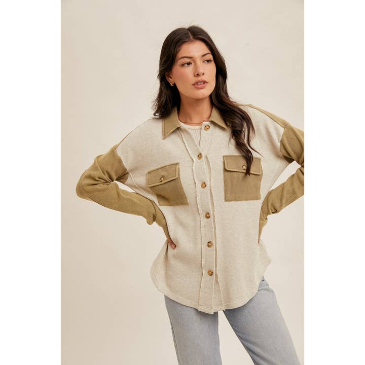 DISTRESSED SNOW WASH COLOR BLOCK THERMAL BUTTON DOWN SHACKET for wholesale by Apolline