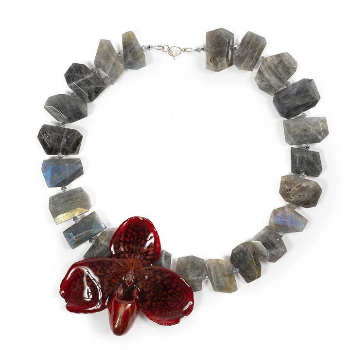 Labradorite and Real Orchid Statement Necklace for wholesale by Devi & Co