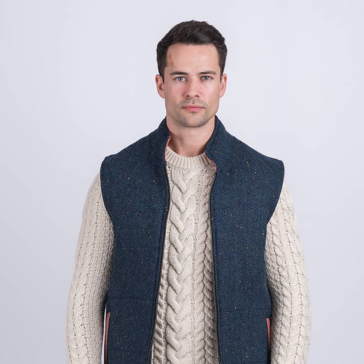 Blue Body Warmer & Gilet With Leather Trims for wholesale by Celtic Tweed